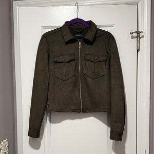 Olive Green Suede Zip-Front Jacket